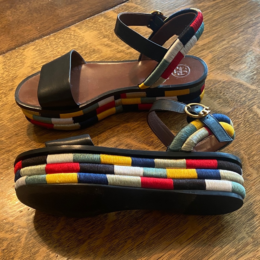 Tory Burch Black Leather Platform Sandal with Multicolor Woven Trim. size 8 - Picture 3 of 4
